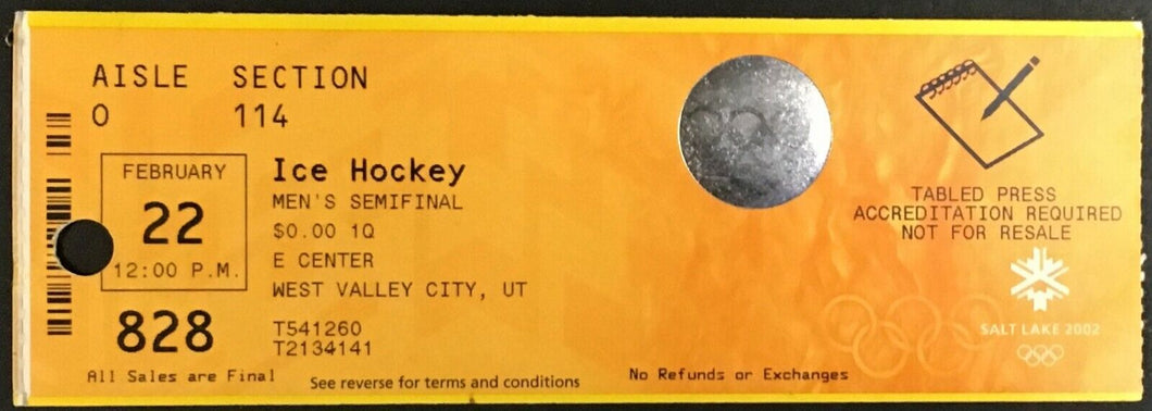 2002 Salt Lake City Winter Olympics Ticket Mens Hockey Semi Finals Canada