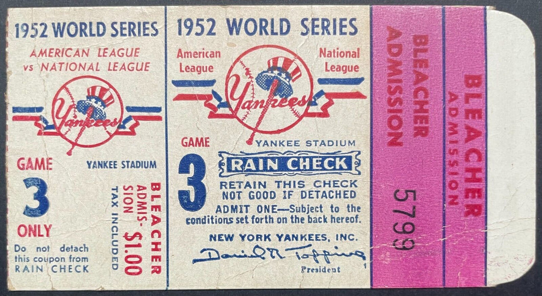 1952 World Series Game 3 Ticket Yankee Stadium New York v Brooklyn Dodgers MLB