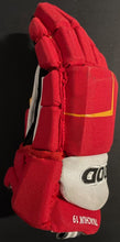 Load image into Gallery viewer, 2022 Matthew Tkachuk Game Worn Sherwood Code V Hockey Gloves Calgary Flames NHL
