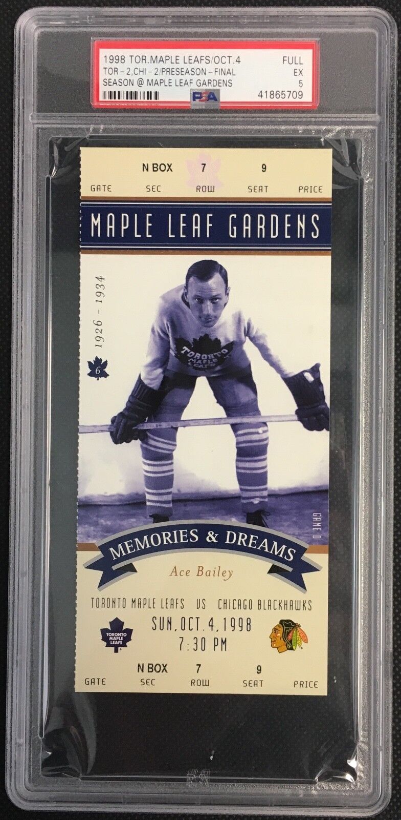 1998 Toronto Maple Leafs Hockey Ticket Memories & Dreams Ace Bailey PSA 5