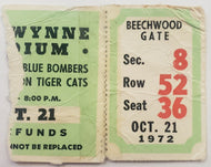 1972 Ivor Wynne Stadium Winnipeg Blue Bombers vs Hamilton Tiger Cats CFL Ticket