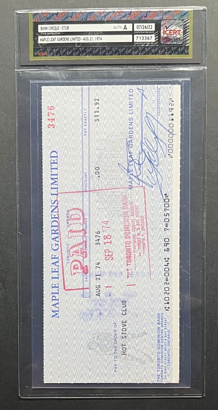 1974 Maple Leaf Gardens Cheque Donald Crump Signed Autographed Hot Stove Club