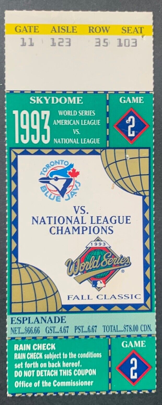 1993 World Series Game 2 Ticket Stub Toronto Blue Jays MLB Baseball Vintage