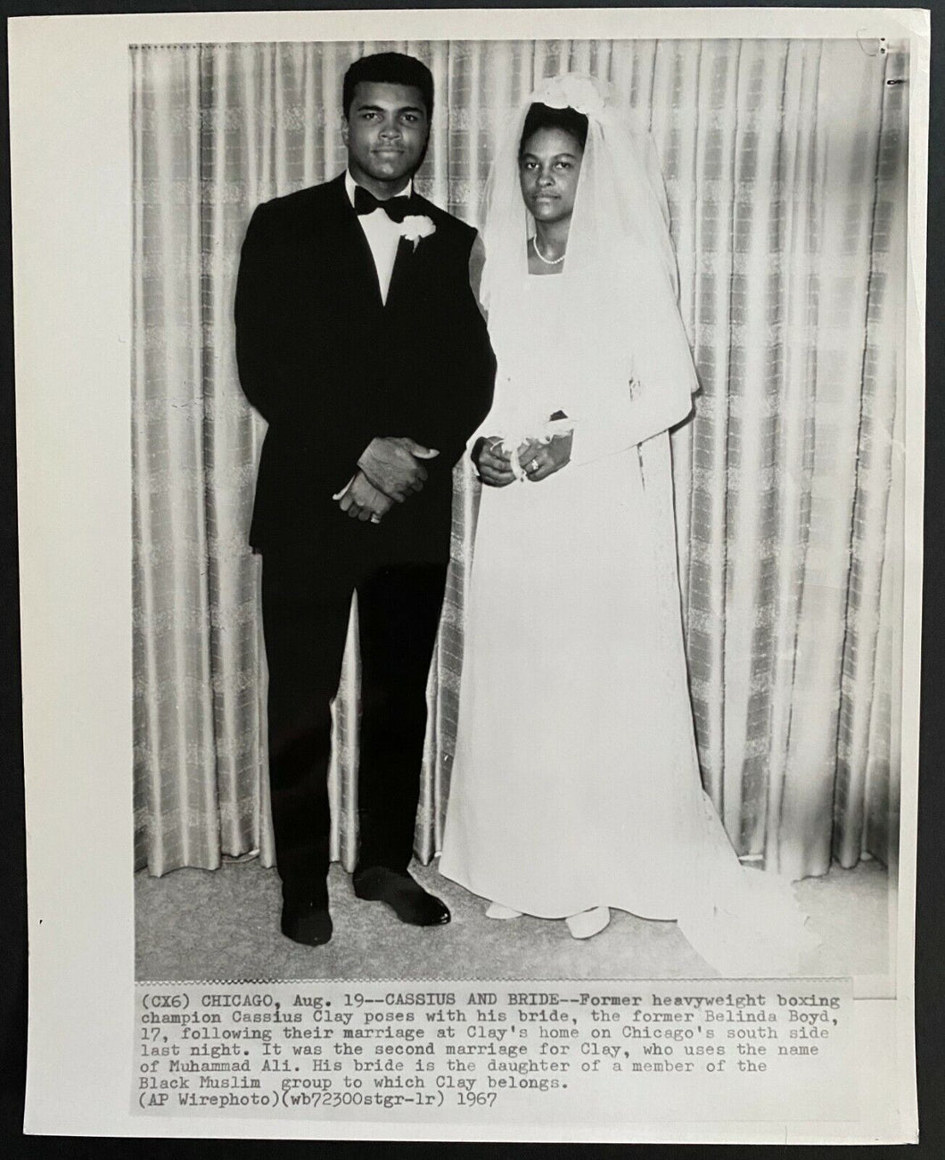 1967 Wire Photograph Muhammad Khalilah Ali Belinda Boyd Wedding LOA Vintage