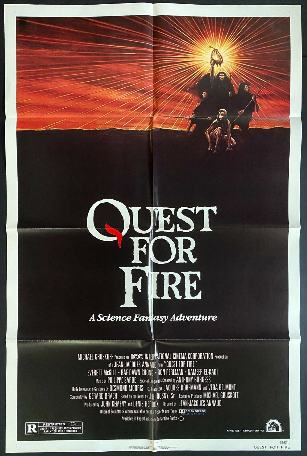 1982 Vintage Quest For Fire Movie Poster Everett McGill Ron Perlman Fantasy