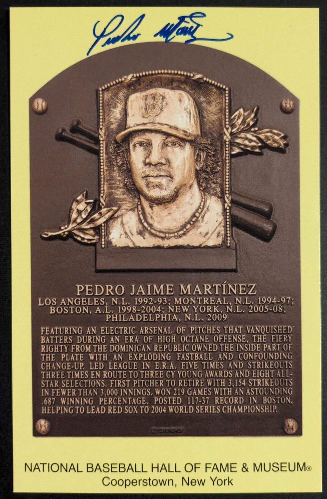 Pedro Martinez Signed Hall Of Fame Plaque Autographed Postcard Red Sox MLB JSA