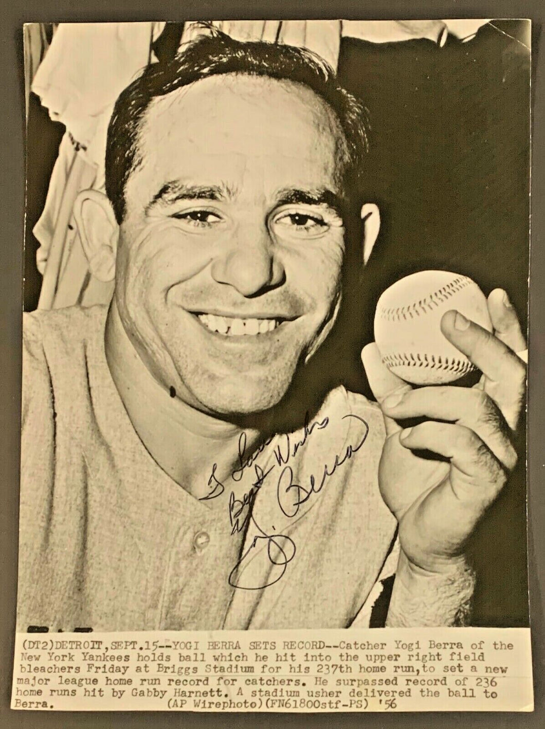 1956 Yogi Berra Signed New York Yankees Photo Holding Record HR Ball Autographed