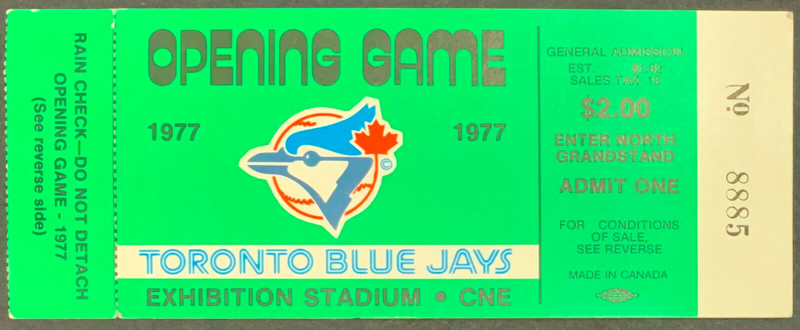 1977 Toronto Blue Jays Inaugural Season Green Ticket Stub Baseball