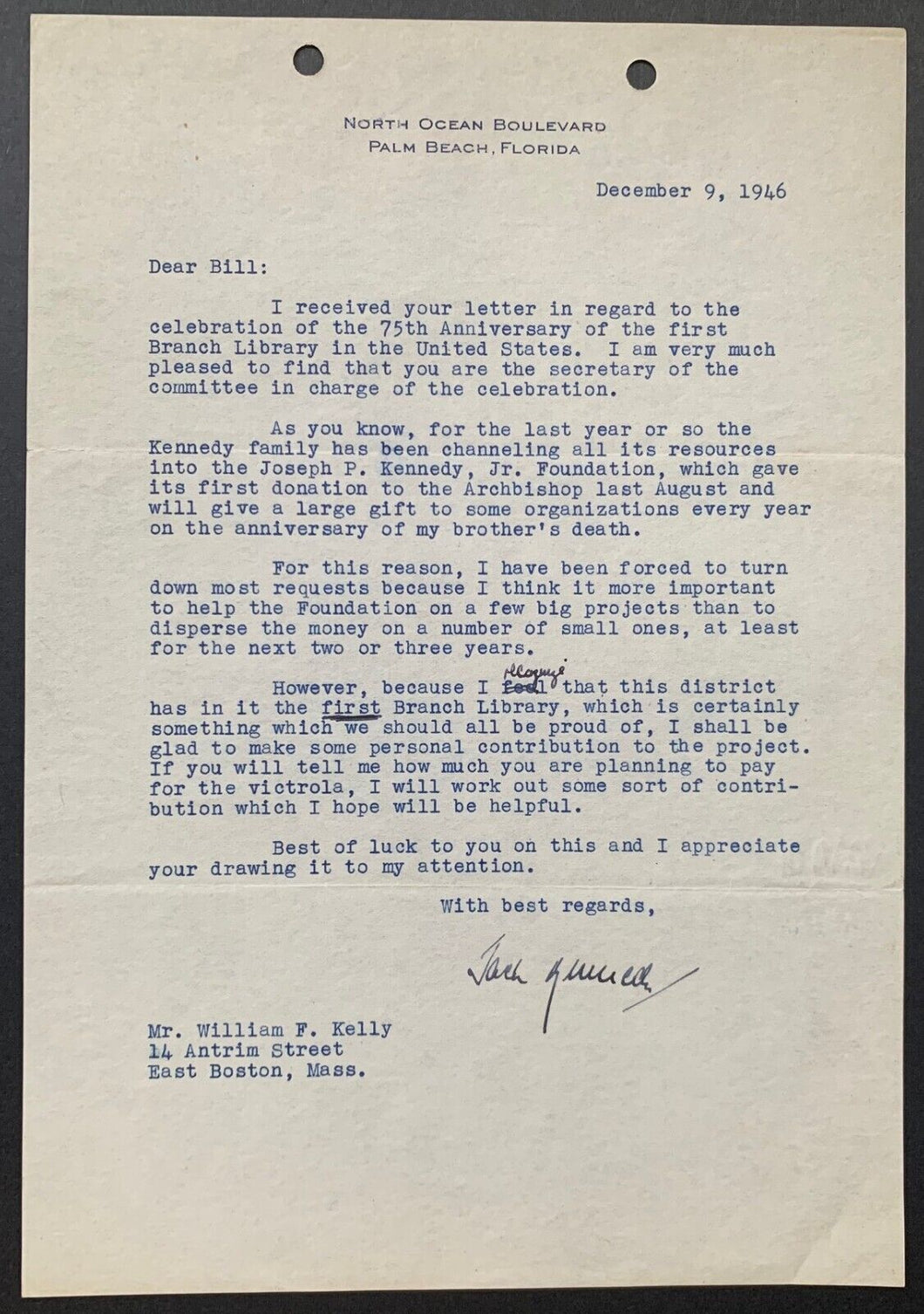 1946 President John F Kennedy Typed Signed Letter Jack Kennedy Autograph LOA COA