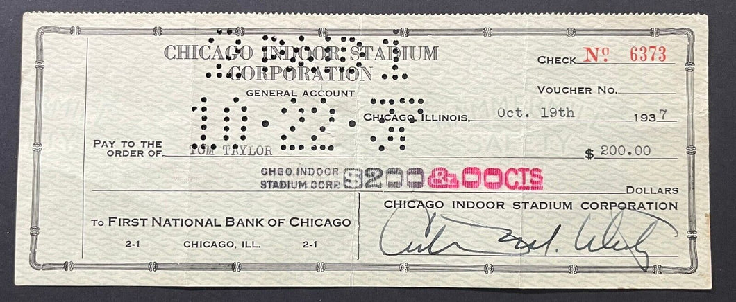 1937 Chicago Stadium Blackhawks Owner Arthur Wirtz Signed Cheque Autographed +