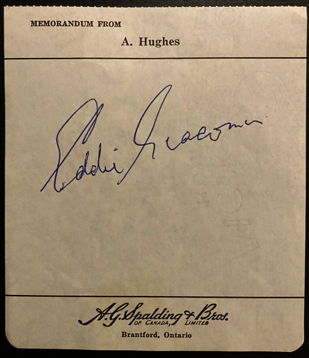 1960 NHL Hockey Signed Memo Page HOF Eddie Giacomin New York Rangers Autographed