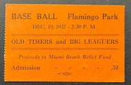 1937 MLB Old Timers Flamingo Park Miami Game Full Ticket Baseball Vintage