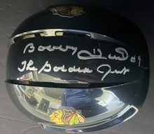 Load image into Gallery viewer, Bobby Hull Autographed Chicago Blackhawks Mini Helmet Signed COA Golden Jet Insc
