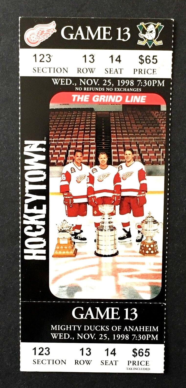 1998 Joe Louis Arena Hockey Ticket Detroit Red Wings Mighty Ducks of Anaheim