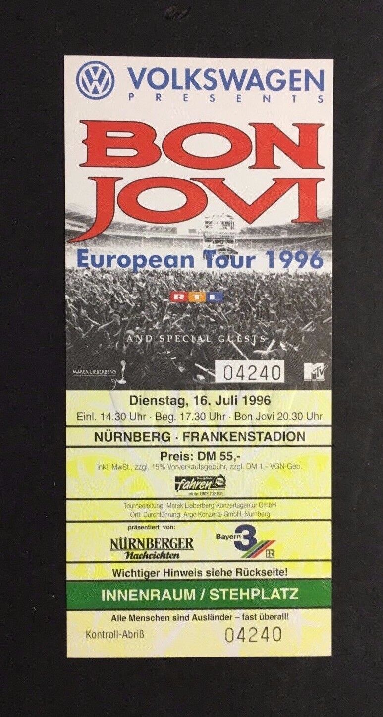 BON JOVI 1996 Unused Concert Ticket European Tour Nurnberg Frankenstadion Music