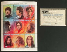 Load image into Gallery viewer, Vintage John Lennon 1940-1980 The Beatles Stamp Set Issue Of Chad COA
