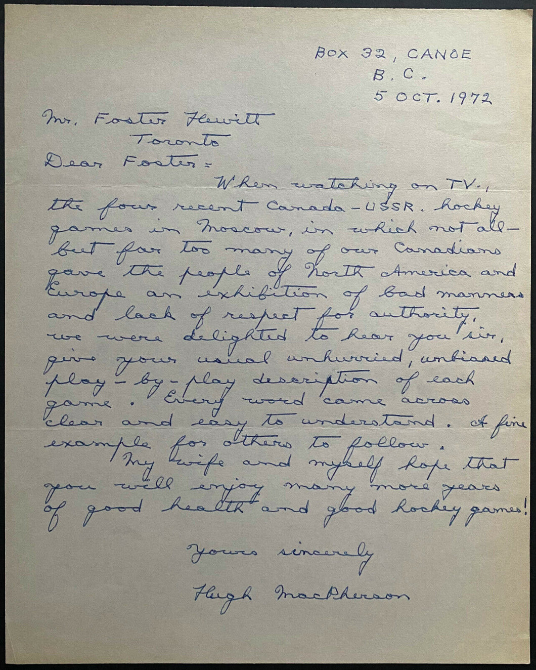 1972 Canada-Russia Summit Hockey Series Letter Addressed To Foster Hewitt LOA