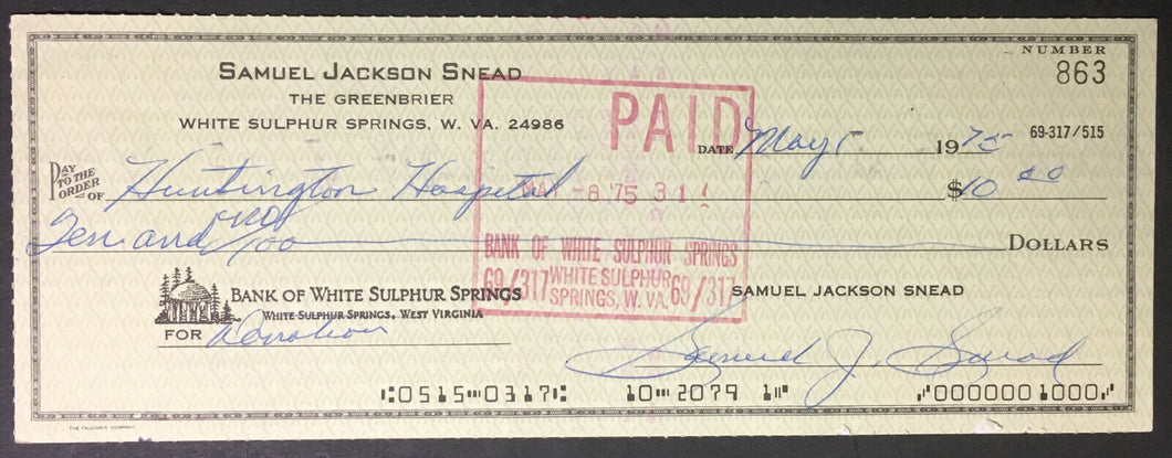 1975 Sam Snead Signed Greenbrier Check US Open Golf Vintage Bank Cheque