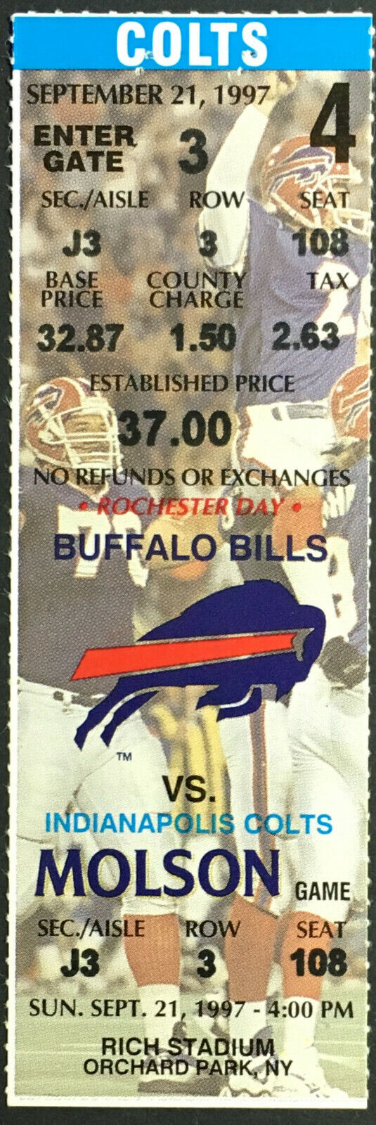 1997 NFL Football Ticket Indianapolis Colts vs Buffalo Bills Rich Stadium