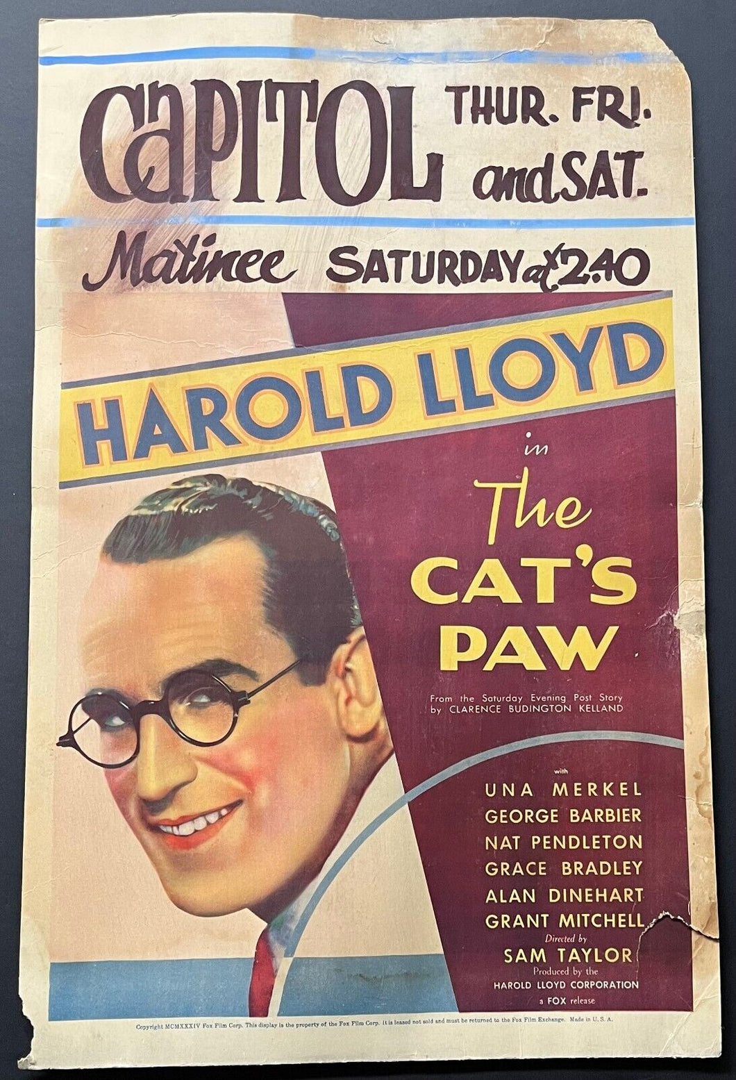 1934 Original Vintage Movie Poster Fox Hollywood The Cat's Paw Star Harold Lloyd