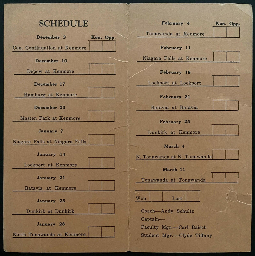 1926/27 Kenmore High School Basketball Schedule New York Vintage Old Sked
