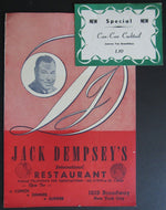 1964 Jack Dempsey New York City Restaurant Menu + Special Cocktail Card Boxing