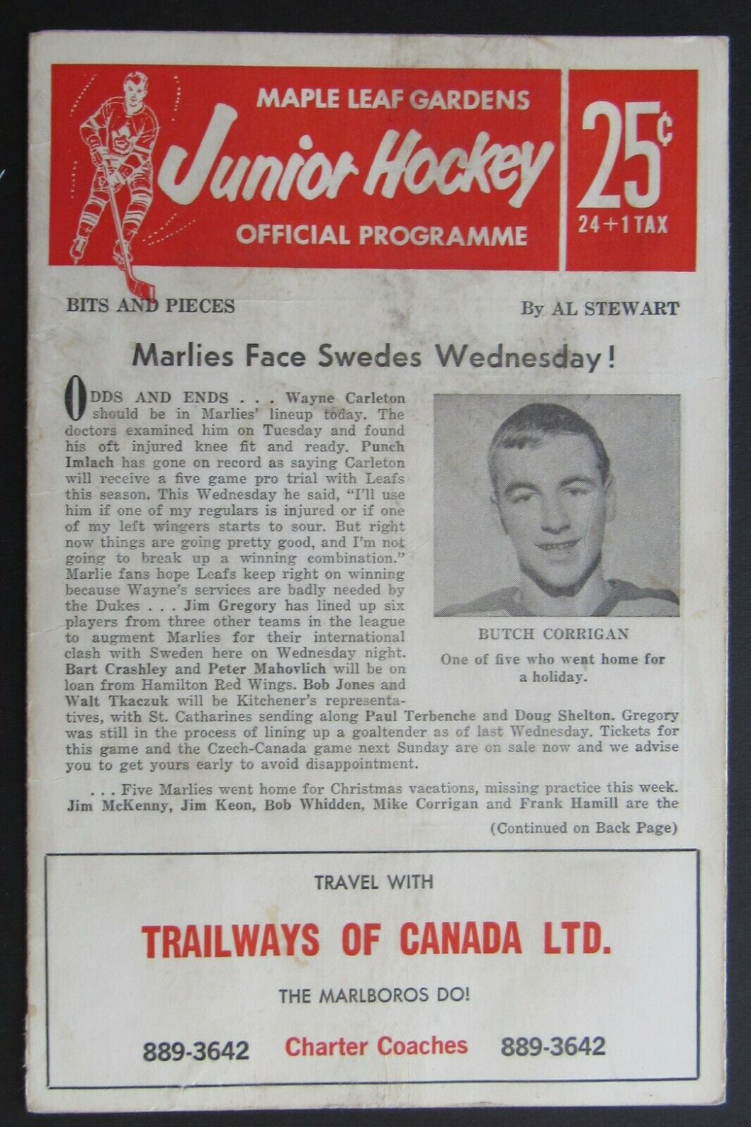 1966 Maple Leaf Gardens Jr A Program Toronto vs Kitchener Rangers Brad Park