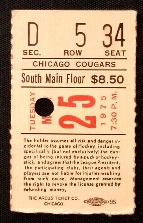 1975 Chicago Amphitheatre WHA Hockey Ticket Chicago Cougars San Diego Mariners