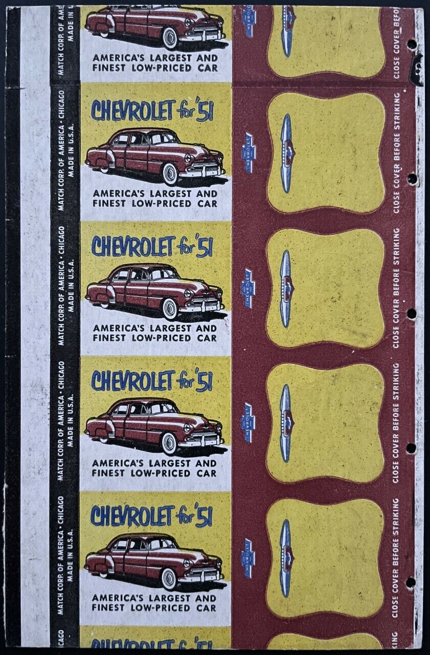 1951 Original Uncut 4 + Matchbooks Advertising Chevrolet Cars Automobiles