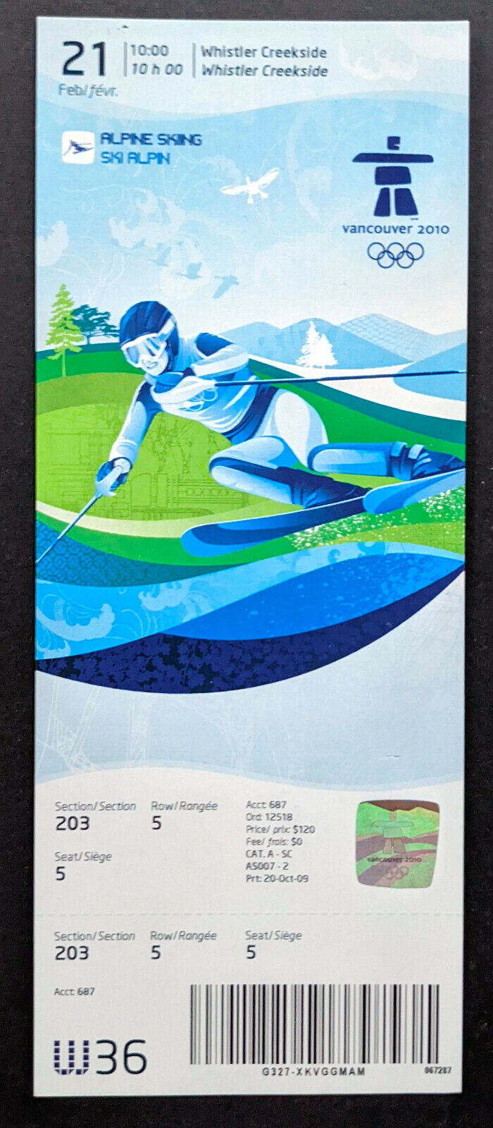 2010 Vancouver Olympics Full Ticket Men's Super Combined Downhill Alpine Skiing