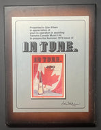 1978 Canadian Music Presentation Plaque Awarded to Executive In Tune Magazine