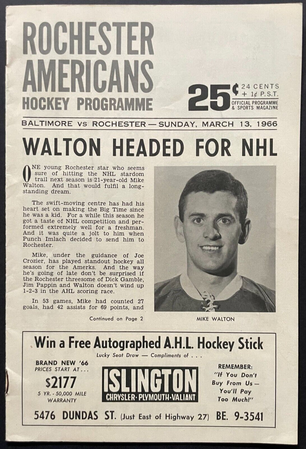 1966 AHL Hockey Program Rochester Americans v Baltimore Clippers Doug Harvey