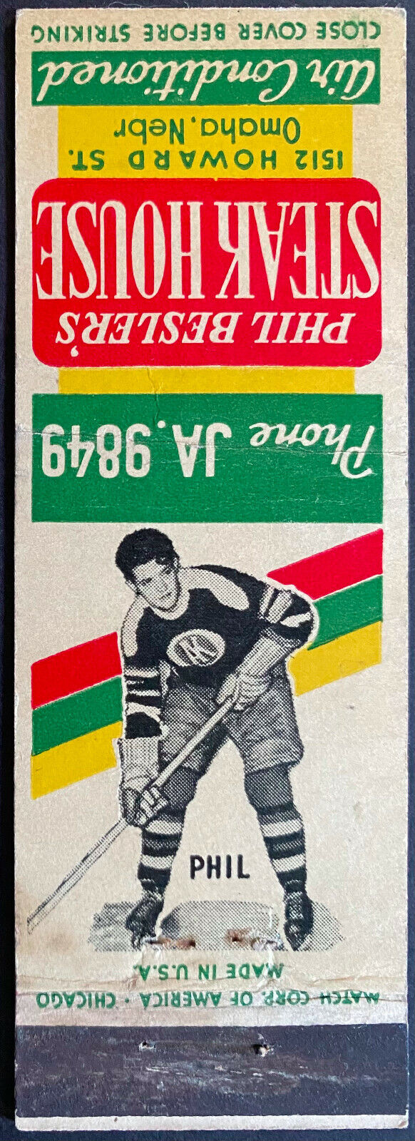 1940 Match Book Cover American Hockey Association Phil Besler Steakhouse Omaha