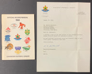 1968 CFL Football Official Record Manual + Letter Addressed To Cleveland Browns