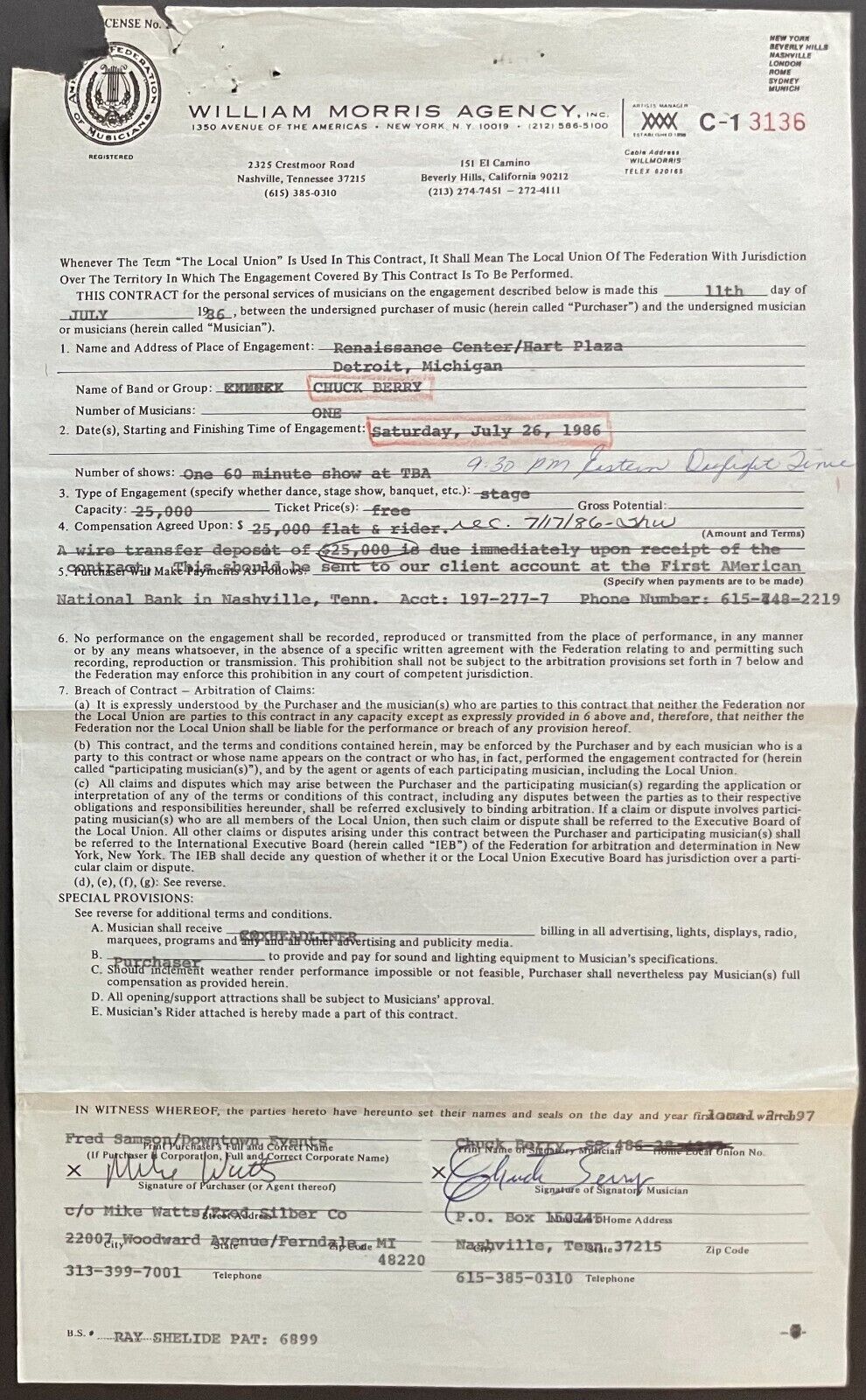 1986 Chuck Berry Signed Detroit Renaissance Ceter Concert Contract Rock&Roll LOA