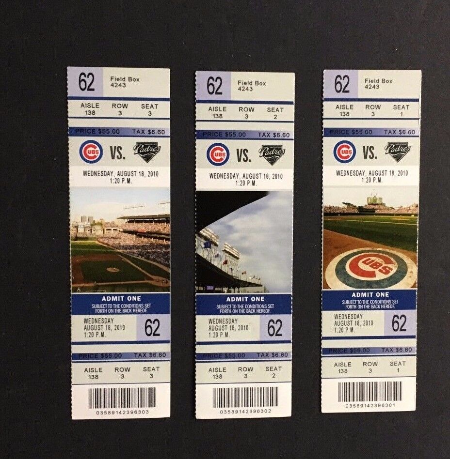 2010 Chicago Cubs Baseball Champions 3 Full Tickets Wrigley Field MLB