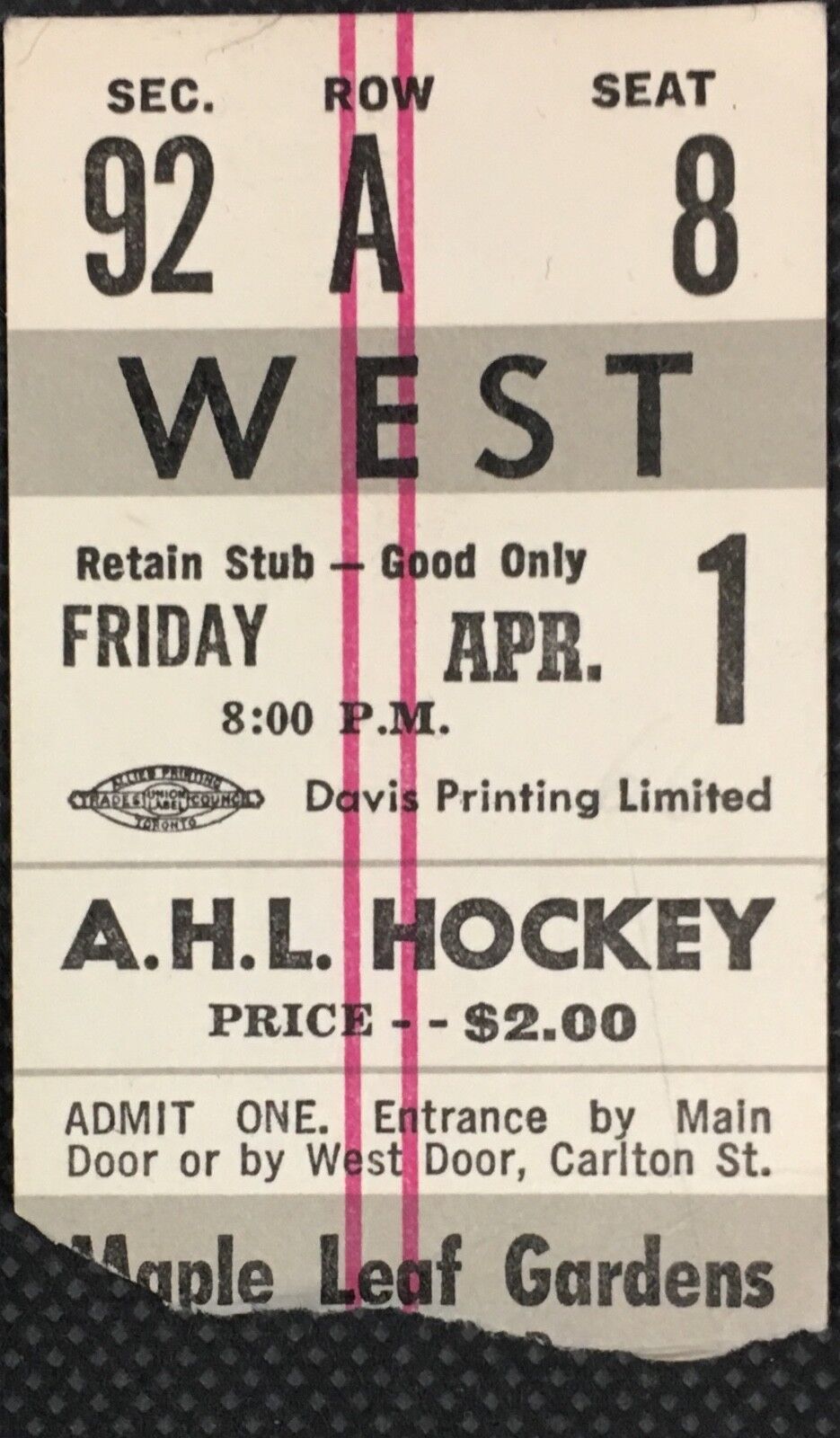 1966 Rochester Americans AHL Hockey Ticket @ Maple Leaf Gardens Vintage