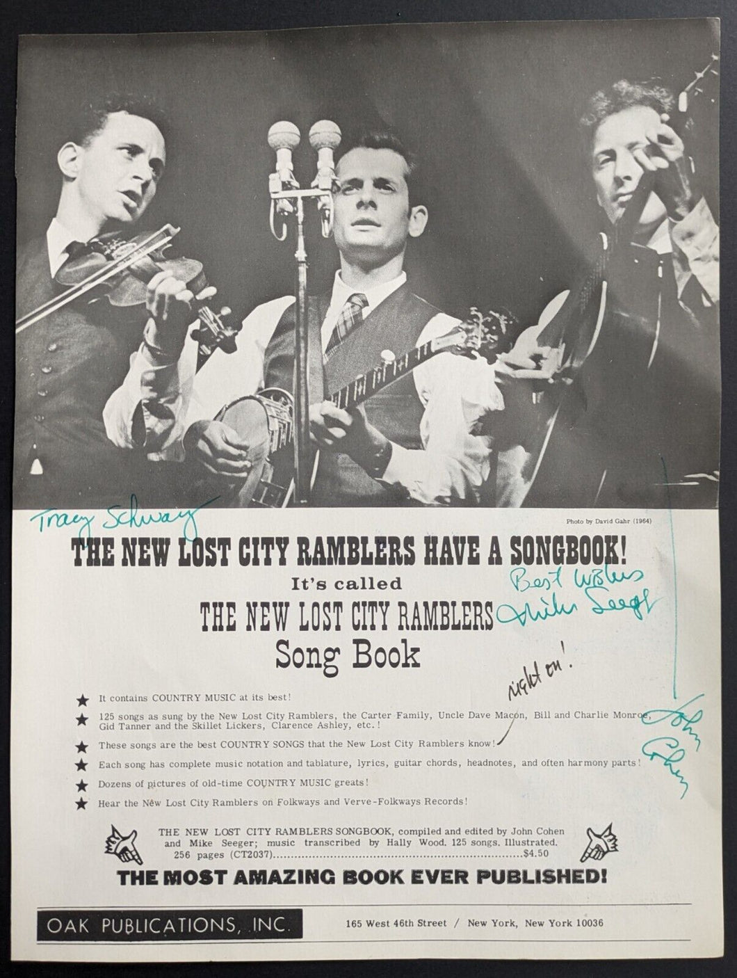 1964 New Lost City Ramblers Signed Page Mike Seeger John Cohen Tracey Schwarz