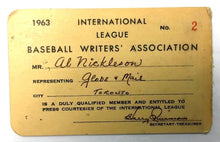 Load image into Gallery viewer, 1963 Baseball Writers Association International League Season Press Pass Globe

