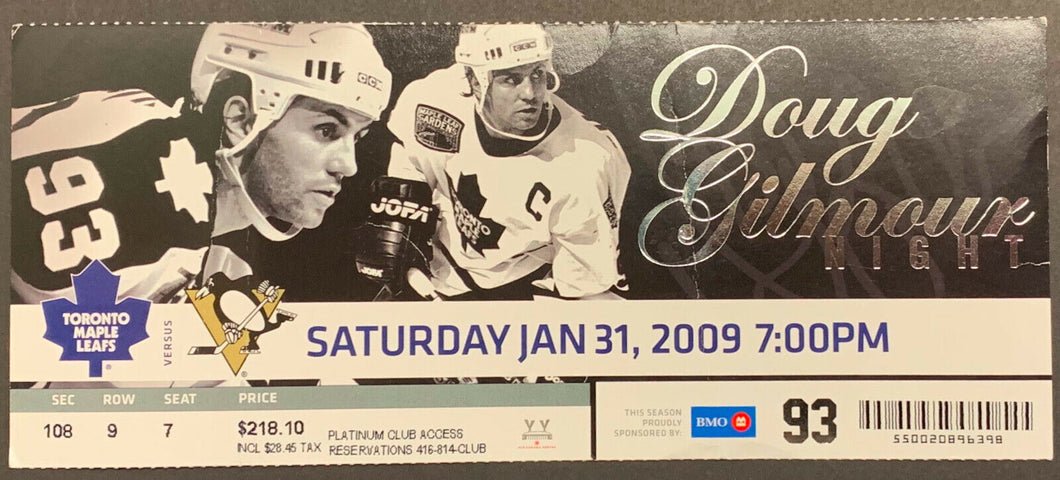 2009 Toronto Maple Leafs vs Pittsburgh Penguins Ticket Hockey Doug Gilmour NHL