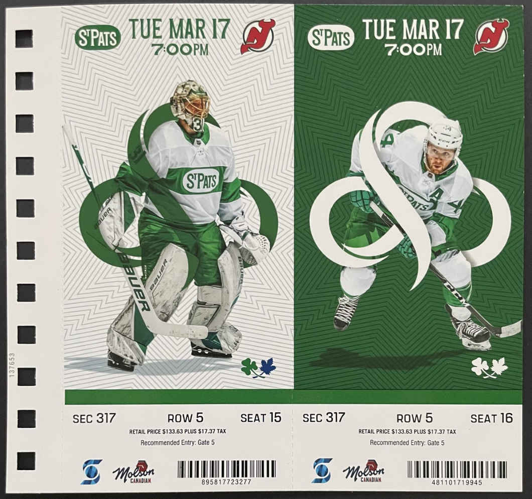 03/17/2020 NHL Hockey St. Patty's Night Ticket x2 Maple Leafs vs New Jersey