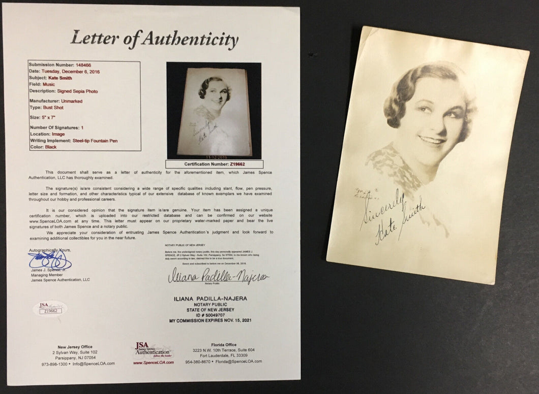 Kate Smith Signed Sepia Photo Music Autograph First Lady Of Radio Authentic JSA