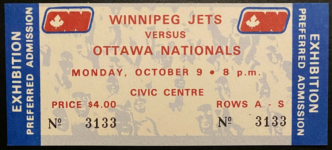 1972 WHA Hockey Ticket Ottawa Nationals 1st & Only Season vs Winnipeg Jets