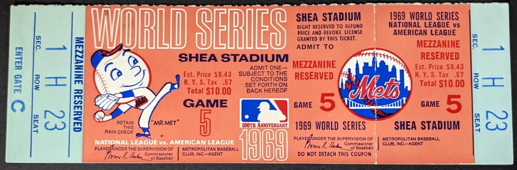 1969 Unused Ticket New York Mets Game 5 + Ed Sullivan Autograph MLB Baseball LOA