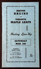 Load image into Gallery viewer, 1950 Boston Gardens Hockey Lineup Card Bruins vs Toronto Maple Leafs NHL Barilko
