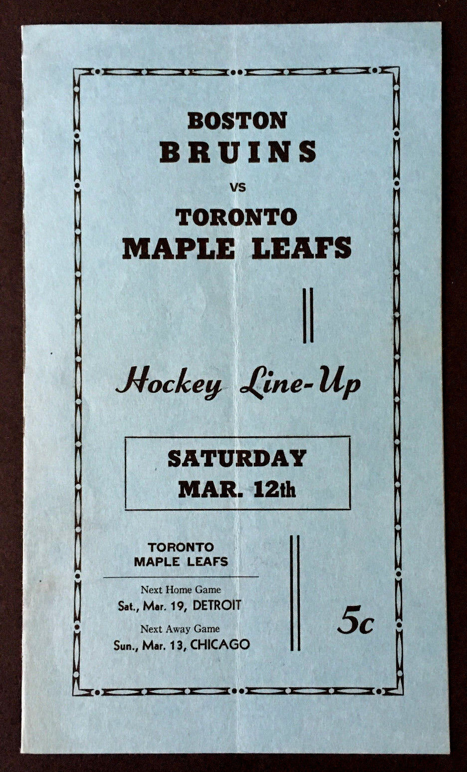 1950 Boston Gardens Hockey Lineup Card Bruins vs Toronto Maple Leafs NHL Barilko