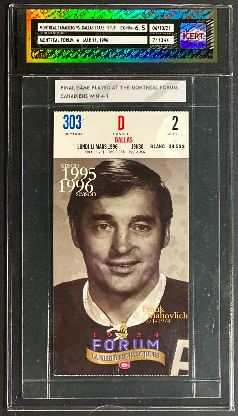 1996 Final NHL Game at Montreal Forum Ticket Stub iCert 6.5 EX-NM Mahovlich