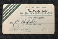 1914 Quebec Baseball League Players Membership Card St Patricks Baseball Club