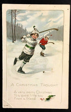 Load image into Gallery viewer, 1900's Hockey Scene Christmas Card Postcard Made In USA

