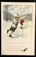1900's Hockey Scene Christmas Card Postcard Made In USA